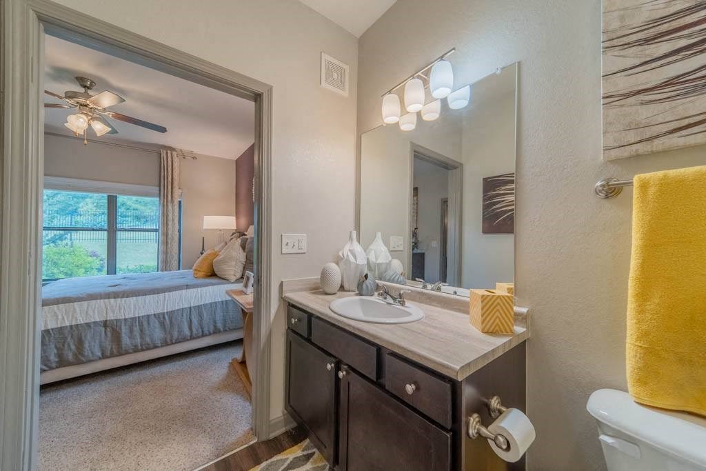 a bathroom with a sink and a mirror and a bed